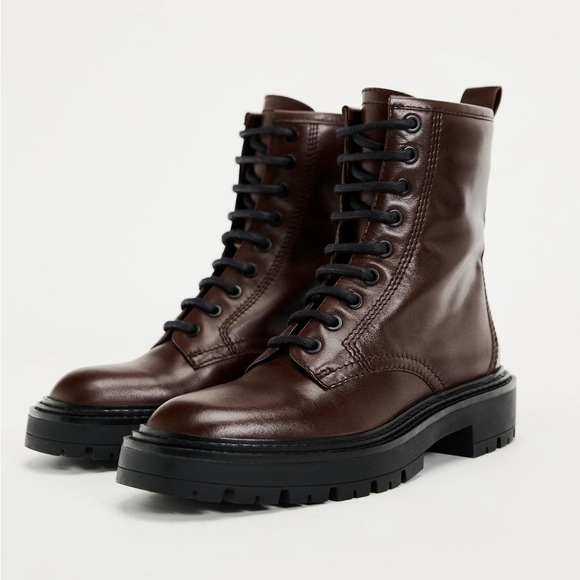 Zara Brown Lace Up Platform Ankle Size EU 39 US 8 Combat Biker Lug Chunky Boots - Picture 1 of 9